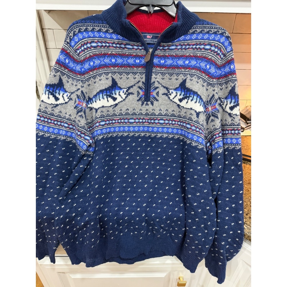 Vineyard Vines Men's Fair Isle Sailfish Sweater Pullover Half Zip Blue Red